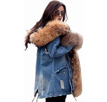 Aofur Plus Size Women's Long Hooded Parka Coat Warm Denim Winter Overcoat Faux Fur Collar Qulited Jacket