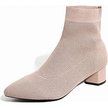 Chegong Women's Black Knit Chunky Heel Sock Boots Pointed Toe Mid-Calf Booties