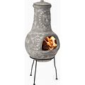 Outdoor Clay Chiminea Fireplace Sun Design Wood Burning Fire Pit With Sturdy Metal Stand, Barbecue, Cocktail Party, Cozy Nights Fire Pit (Stone Grey)