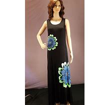 India Boutique Dress Sleeveless Shift Maxi Black Floral Accents One