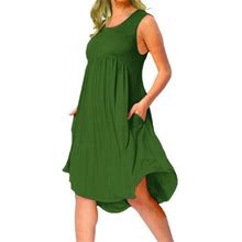 Frontwalk Women Sleeveless Tank Dress Solid Color Pleated Midi T Shirts Dress Pockets Loose Boho Sundress Vest Swimsuit Cover Up Dark S-5Xl