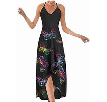 Tangnade Women's Fashion Casual V-Neck Sleeveless Strap Open Back Sexy Print Dress