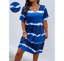 Plus Size Leopard Print V-Neck Loose Fit Dress,3XL