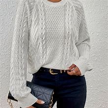 Solid Color Twist Decor Crew Neck Pullover, Women's Cable Casual Long Sleeve Women's Clothing Knit Sweater,White,All-New,Temu