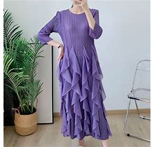 Womens Elegant Round Neck 3/4 Sleeves Pleated Ruffles Long Dress Party