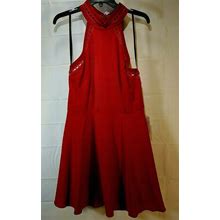 B. Darlin Wmn/Jr Red Crochet Trim Stretch Knee Length Halter Dress Sz