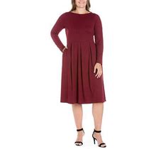 24Seven Comfort Apparel Plus Long Sleeve Midi Fit + Flare Dress | Red | Plus 2X | Dresses Fit + Flare Dresses