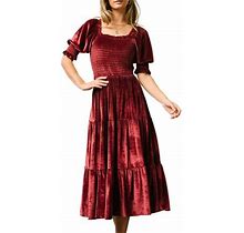 Biekopu Women Long Dress, Elegant Half Sleeve Square Neck Velvet Dress Pleated Swing Dress