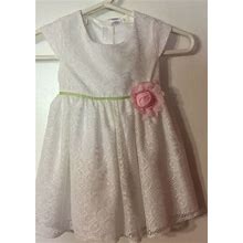 White Lace Toddler Dress, (New) Green Ribbon Around Dress W/ Pink