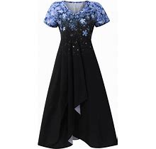Women's Casual Summer Dresses Casual Printed V-Neck Zip Short Sleeve Paneled Large Long Dress Gifts Dress, S-3XL