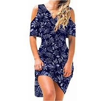 Jwzuy Short Sleeve A-Line Dress V Neck Leaf Print Dress Regular Fit Dresses For Women 50% Off Dress Casual Loose Trendy Dress Navy M