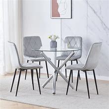 RVEE Modern Round Glass Dining Room Table And Chairs Set Of 4, 5 Pieces Small Kitchen White Faux Leather Chairs With Clear Tempered Glass Dining