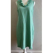 Talbots Ruffled Cotton Dress Petite Medium Green&White Stripe