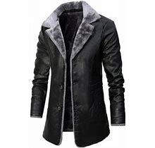 Men's Faux Pu Leather Jacket Fleece Sherpa Lined Long Trench Coats Notch Lapel Collar Heavyweight Button Up Motorbike Jacket