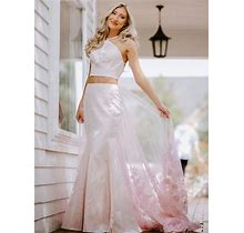 Two Piece Pink Long Satin Backless Prom Dress With Lace Embellished