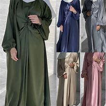 Ramadan Women Muslim Abaya Satin Open Cardigan Maxi Dress Set Dubai Islamic 2Pcs