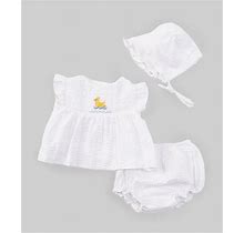 Petit Ami Baby Girls Newborn Flutter-Sleeve Checkedduck-Motif Dress Bloomer Hat Set, , Whitenewborn