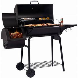 30 in. Smoker Black Barrel Charcoal Grill With Offset Smoker With Cover For Outdoor, Backyard Cooking