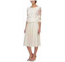 Alex Evenings Womens Ivory Zippered Embroidered Sheer V-Back Scalloped Edge Floral 3/4 Sleeve Scoop Neck Below The Knee Evening Blouson Dress Petites