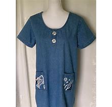 Vintage 90'S Blue J. Women's Size Small Blue Denim Boho Tunic Casual Weekend Nautical 100% Cotton Dress Painted Pockets RN 79357