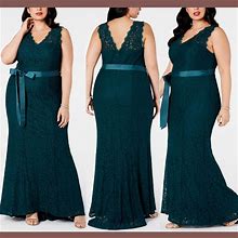 Adrianna Papell Dresses | New Adrianna Papell [ Plus Size 20W ] Ribbon-Belt Lace Gown In Forest | Color: Green | Size: 20W