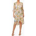 Adrianna Papell Women's Floral Faux Wrap Dress With Three Quarter Sleeves