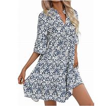 Wenini Dresses For Women V-Neck Elbow-Length Mini Floral Print Summer Dresses Loose Casual Pleated Swing Tunic Slim Beach Dress Blue S