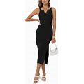RAISECOM Womens Ribbed Knit Maxi Dresses Tie Straps V Neck Casual Formal Dress Summer Bodycon Dress With Side Slit