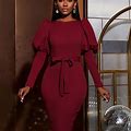 Puff Sleeve Bowtie Waist Dress, Elegant Solid Long Sleeve Bodycon Dress For Spring & Fall, Women's Clothing,Red,Handpicked,Temu