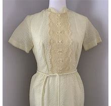 Vintage Dauphine Yellow Lace Belted House Dress, 1950S Yellow Dress With Lace And Belt, 50S House Lace Dress, Vintage 1950S House Dress