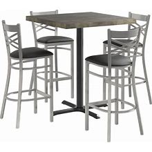 Lancaster Table & Seating 36" X 36" Butcher Block Bar Height Table With Espresso Finish And 4 Steel Cross Back Black Vinyl Chairs