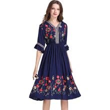 Shineflow Women's Short Sleeve Mexican Embroidered Floral Pleated Midi A-Line Cocktail Dress
