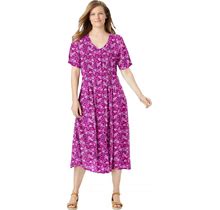 Plus Size Women's Short-Sleeve Button-Front Dress By Woman Within In Raspberry Spring Blossom (Size 28 W)