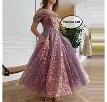 Lowime Glitter Lace Tea Length Prom Dress One Shoulder Evening Dress A-Line