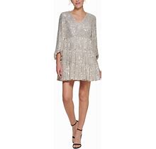 Eliza J Sequinned Tiered Fit & Flare Dress - Silver - Size 2