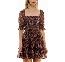 Trixxi Juniors' Printed Tiered Fit & Flare Dress - Brown/Multi - Size S