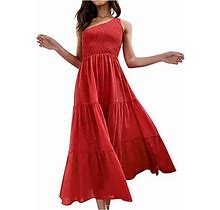 Women Casual One Shoulder Dress Bohemian Sleeveless Tiered Dress High Waist Smocked Summer A Line Flowy Maxi Dress