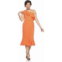 London Times Petite One Shoulder Midi Sheath With Flounce Orange Dress