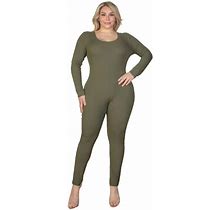 Plus Size Ribbed Scoop Neck Long Sleeve Jumpsuit, Women's, Size: 1XL, Green