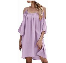 Pstuiky Dresses For Women 2024, Womens Sling Flared Sleeve Leaky Shoulder Sexy Dress] Leasure Beach Dress Today' Deal Purple
