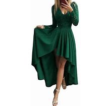 Dokotoo Women's Green Prom Dress Cocktail Party Dress Lace High Low Swing Evening Gowns Chic V Neck Long Sleeve Backless Dresses For Women, US 4-6(S)