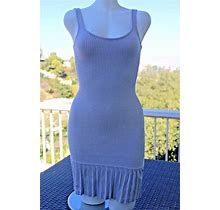 Xs Bebe Gray Silver Ribbed Wide Round Neck Dress Pleated Flounce Hem