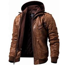 Mens Brown Real Leather Jacket With Removable Hood (XX-Large, Brown)