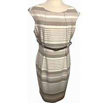 Ladies' Calvin Klein Beige White Striped Waist Belt Sleeveless Lined Dress Sz 12