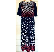 Boho Ombre Geometric Print Maxi Dress Crochet Short Sleeves Womens L -