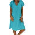 Chgbmok Summer Dresses For Women 2023 Cotton Linen Casual Dress V Neck Short Sleeve Loose Plus Size Dress