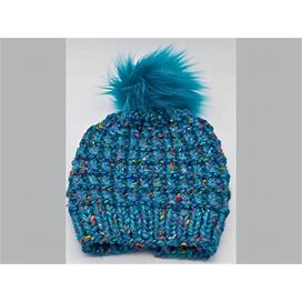 Teal Twead Beanie - Winter Hat With Teal Pom