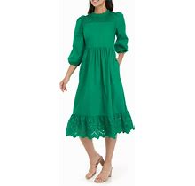 Crown & Ivy Womens Green Embroidered Floral Midi Dress 3/4 Sleeve Size 16 NWT