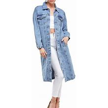 Women's Long Casual Maxi Length Denim Cotton Coat Oversize Button Up Jean Jacket (Light Blue, S)