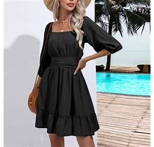 Jngsa Women's Midi Dress Summer Casual Slim Square Neck Middle Sleeve Solid Color Dress Flowy Smocked Dress Black 6